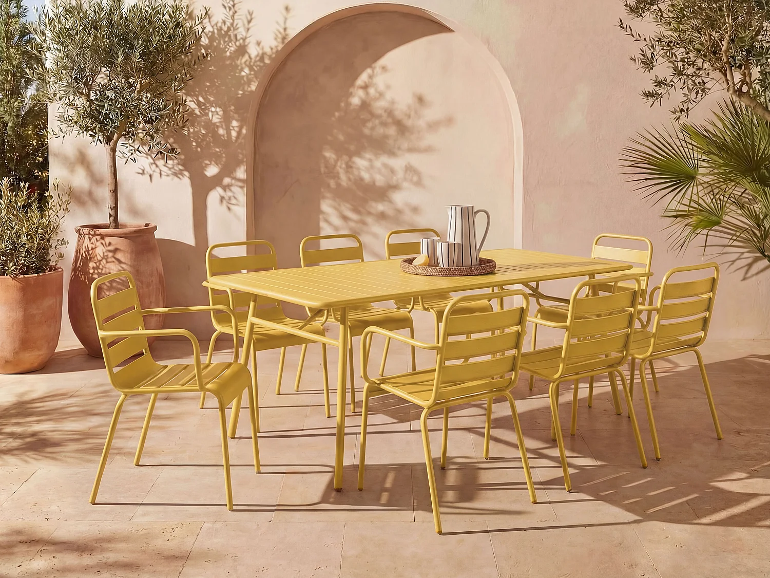 Metal garden dining set - one W.200 cm table and 8 stackable armchairs - Mustard Yellow - MIRMANDE by MYLIA