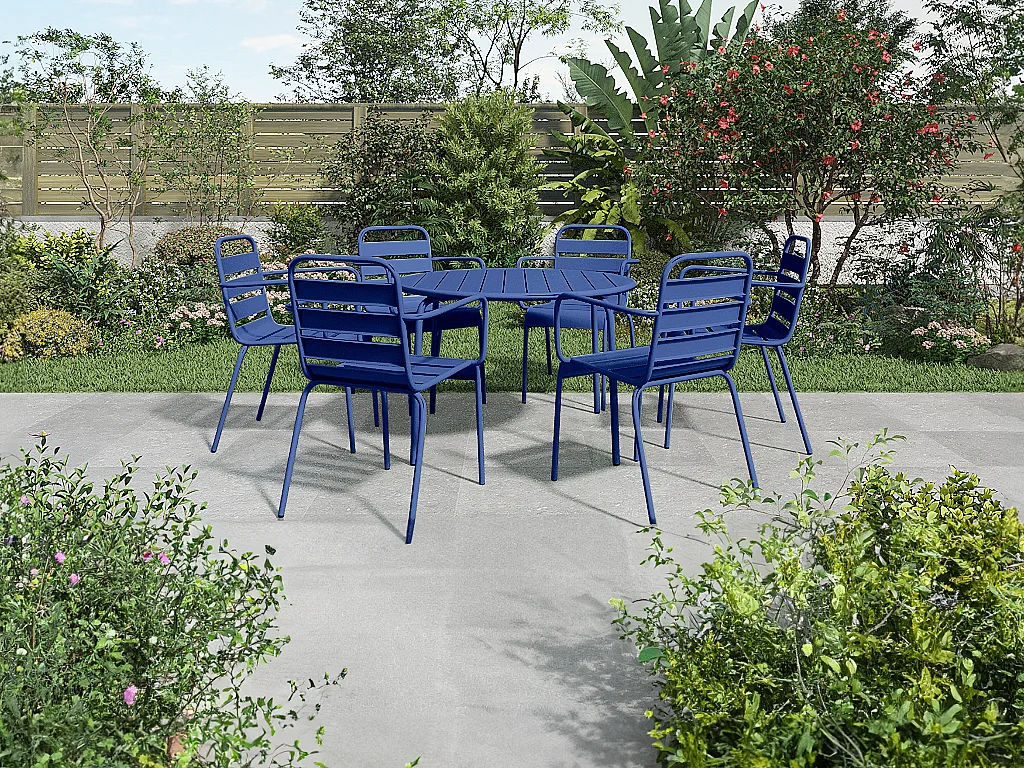 Salle à manger de jardin en métal - une table ronde D.130cm et 6 chaises empilables - Bleu nuit - MIRMANDE de MYLIA
