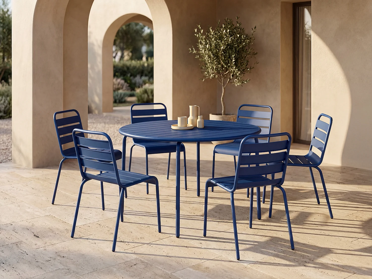 Metal garden dining set - one round table D.130 cm and 6 stackable chairs - Midnight Blue - MIRMANDE by MYLIA