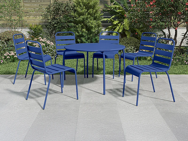 Sala da pranzo da giardino un tavolo rotondo D.130cm e 6 sedie impilabili in Metallo Blu notte - MIRMANDE di MYLIA