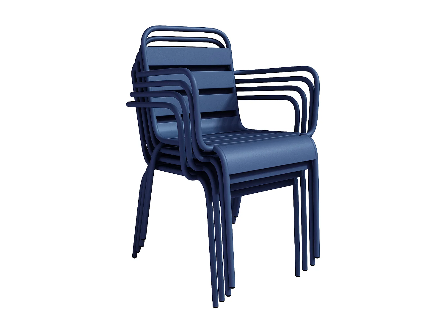 Salle à manger de jardin en métal - une table ronde D.130cm et 6 fauteuils empilables - Bleu nuit - MIRMANDE de MYLIA