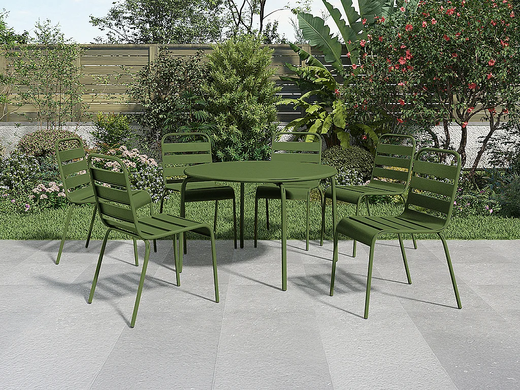 Sala da pranzo da giardino un tavolo rotondo D.130cm e 6 sedie impilabili in Metallo Kaki - MIRMANDE di MYLIA