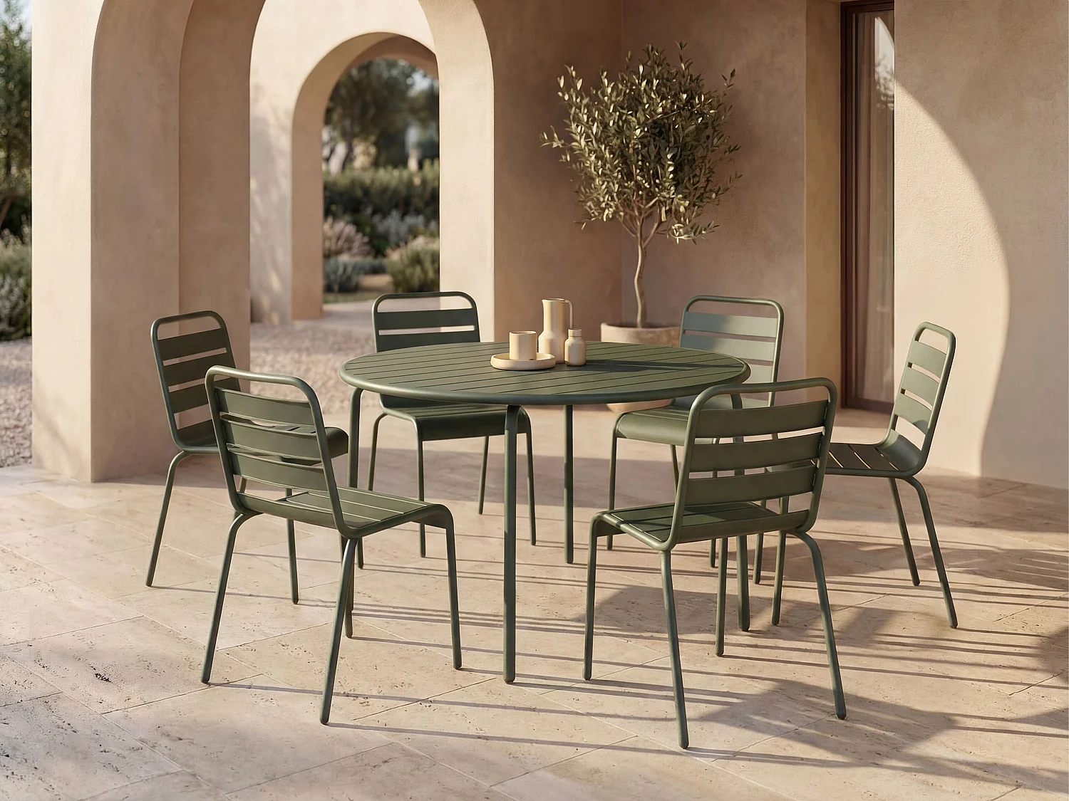 Metal garden dining set - one round table D.130 cm and 6 stackable chairs - Khaki - MIRMANDE by MYLIA