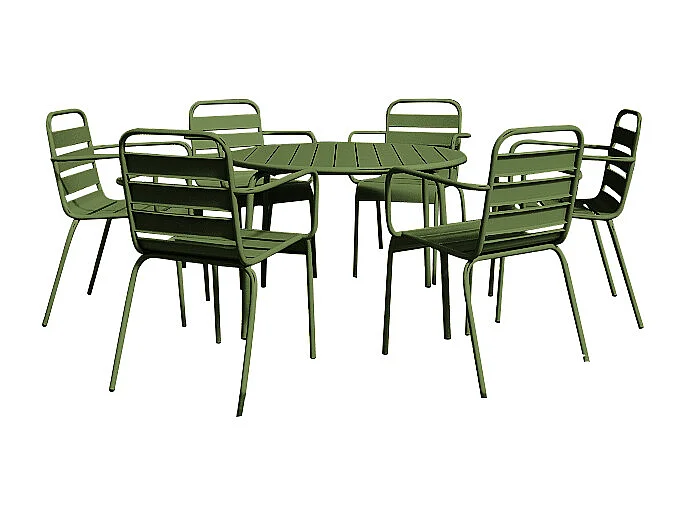 Salle à manger de jardin en métal - une table ronde D.130cm et 6 fauteuils empilables - Kaki - MIRMANDE de MYLIA