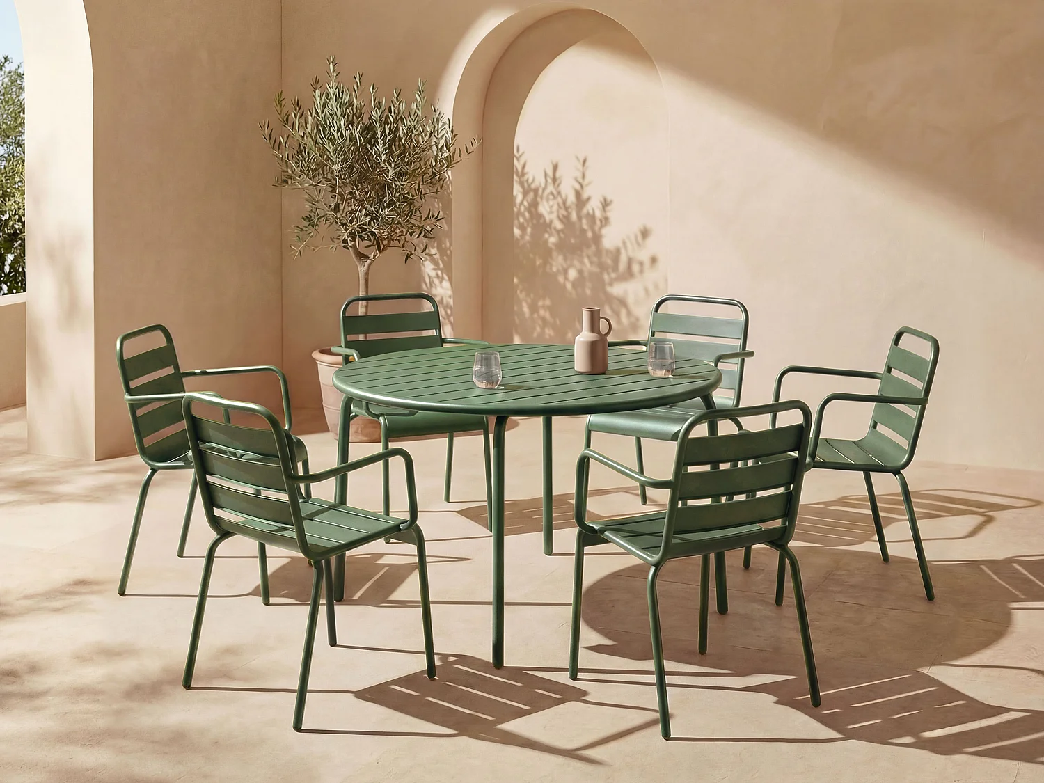 Metal garden dining set - one round table D.130cm and 6 stackable armchairs - Khaki - MIRMANDE by MYLIA