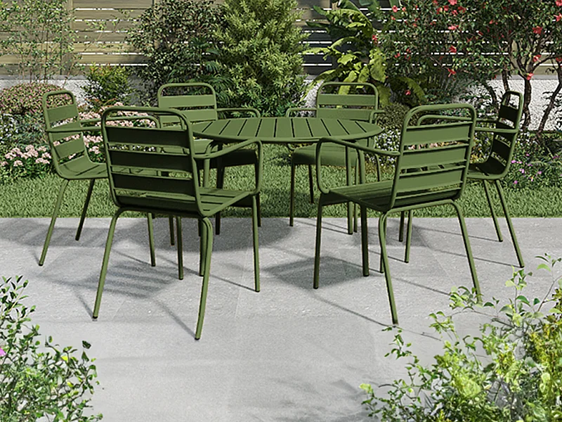 Sala de jantar de jardim em metal - uma mesa redonda D.130cm e 6 cadeirões empilháveis - Verde-oliva - MIRMANDE da MYLIA