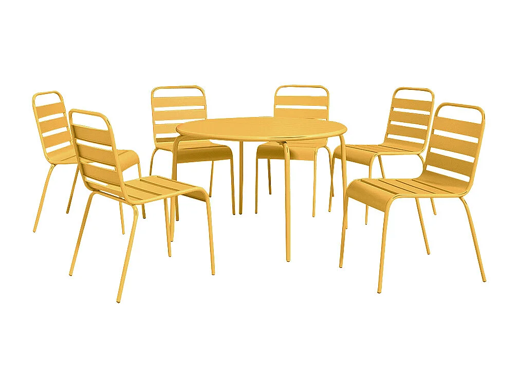Salle à manger de jardin en métal - une table ronde D.130cm et 6 chaises empilables - Jaune moutarde - MIRMANDE de MYLIA