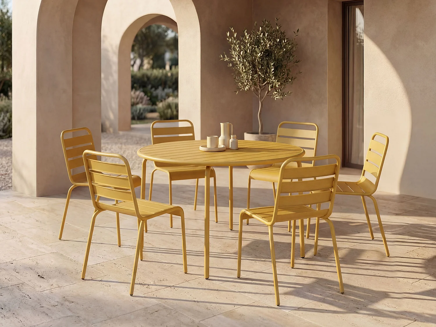 Metal garden dining set - one round table D.130 cm and 6 stackable chairs - Mustard Yellow - MIRMANDE by MYLIA