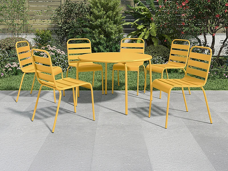 Salle à manger de jardin en métal - une table ronde D.130cm et 6 chaises empilables - Jaune moutarde - MIRMANDE de MYLIA