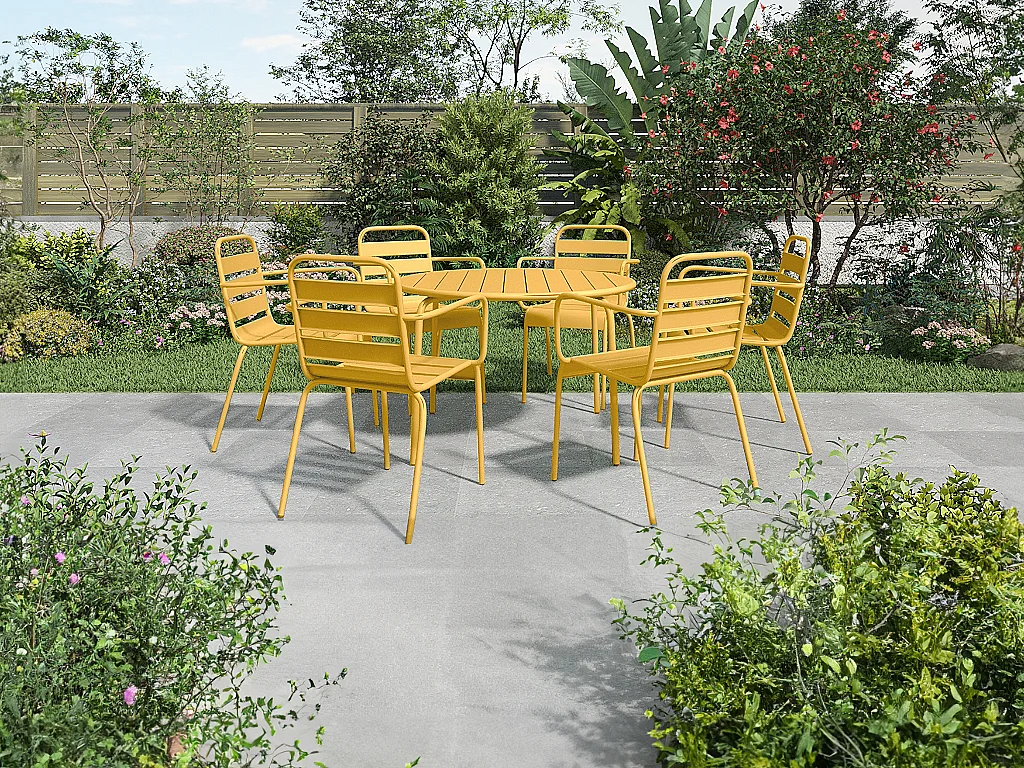 Salle à manger de jardin en métal - une table ronde D.130cm et 6 fauteuils empilables - Jaune moutarde - MIRMANDE de MYLIA
