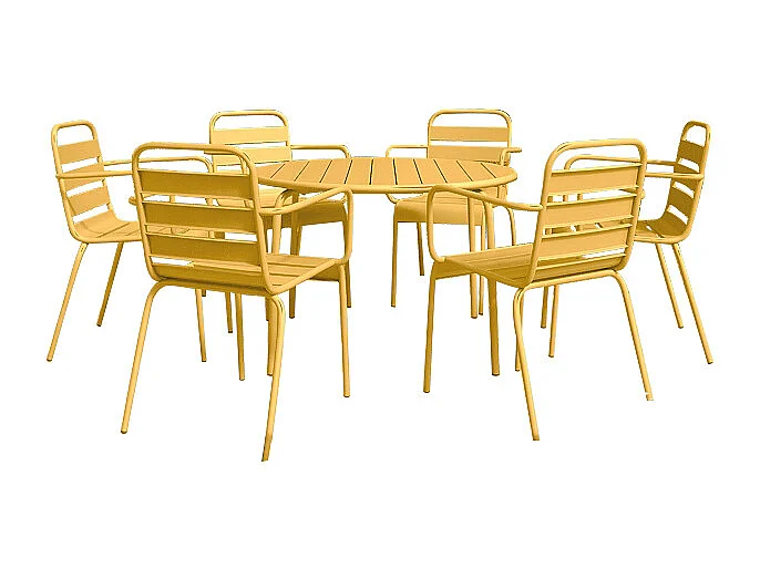 Salle à manger de jardin en métal - une table ronde D.130cm et 6 fauteuils empilables - Jaune moutarde - MIRMANDE de MYLIA