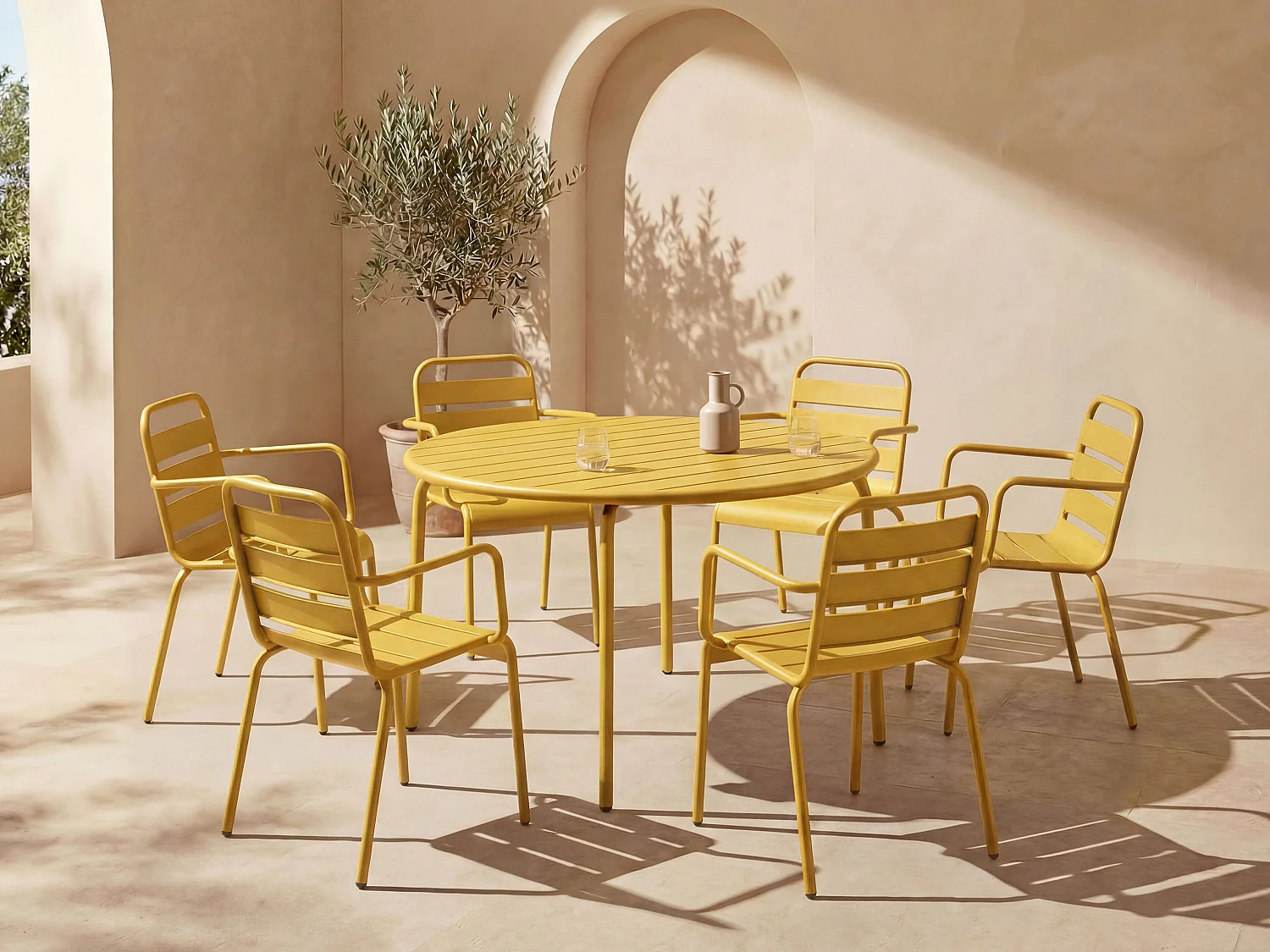 Metal garden dining set - one round table D.130 cm and 6 stackable armchairs - Mustard Yellow - MIRMANDE by MYLIA
