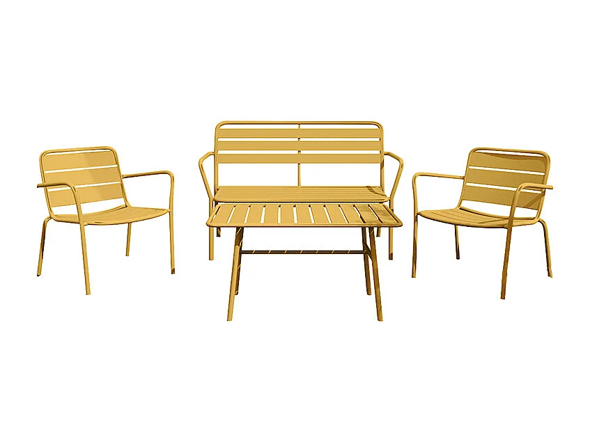 Conjunto de jardim em metal: um banco, 2 cadeirões baixos e uma mesa de centro - Amarelo mostarda - MIRMANDE de MYLIA