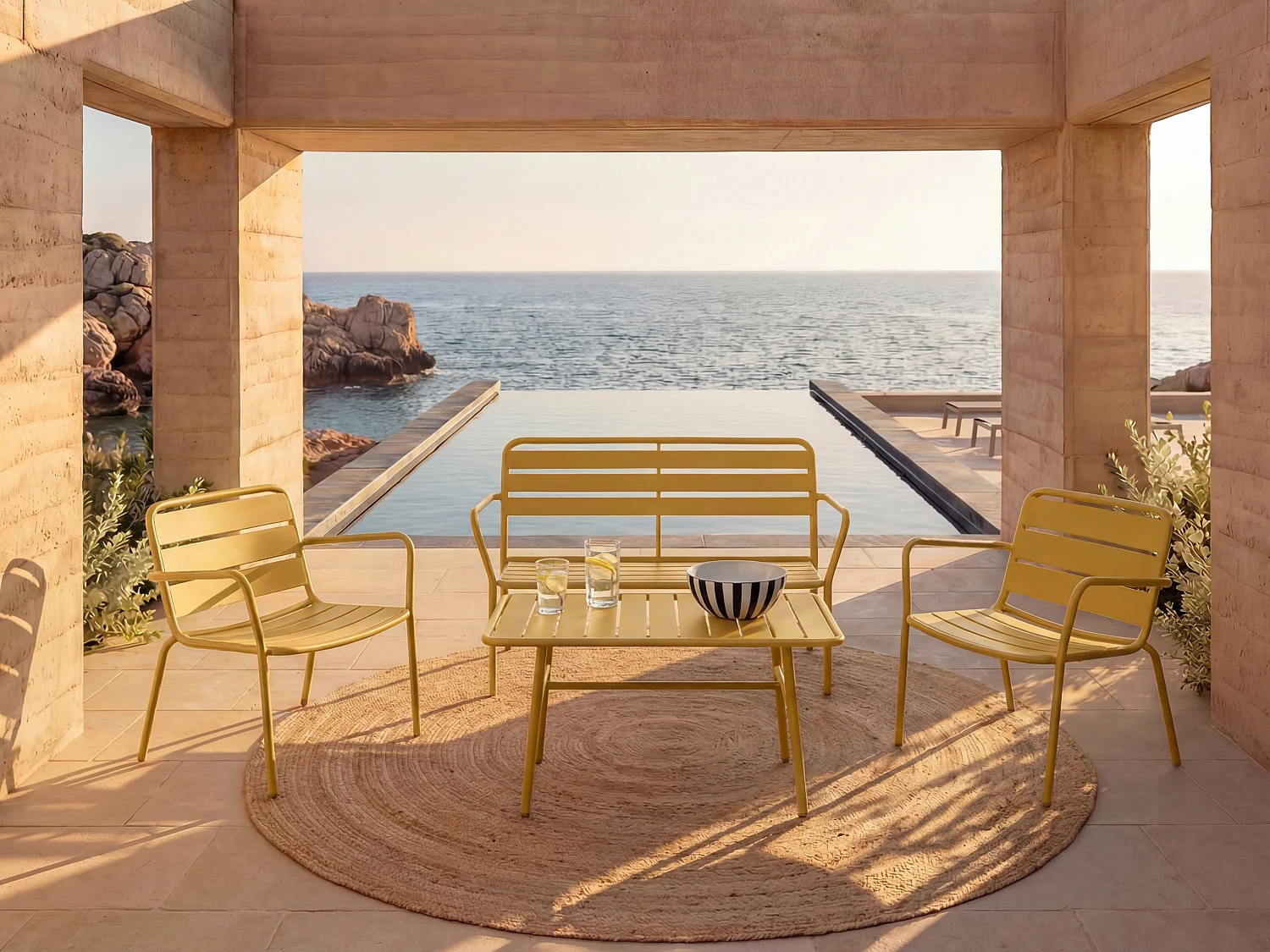 Salon de jardin en métal : un banc, 2 fauteuils bas et une table basse - Jaune moutarde - MIRMANDE de MYLIA