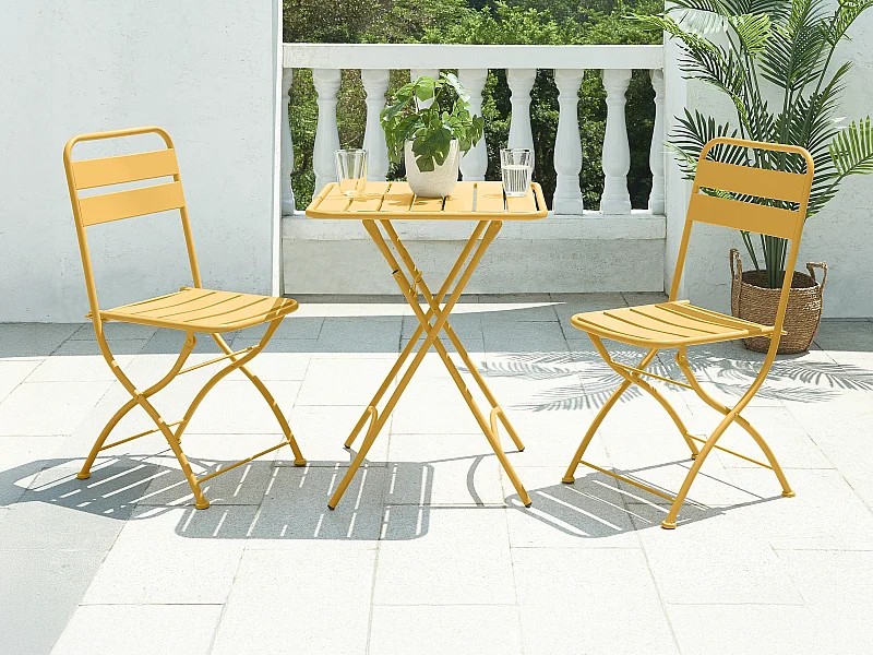 Salle à manger de jardin pliante en métal - une table L.60 cm et 2 chaises pliantes - Jaune moutarde - MIRMANDE de MYLIA