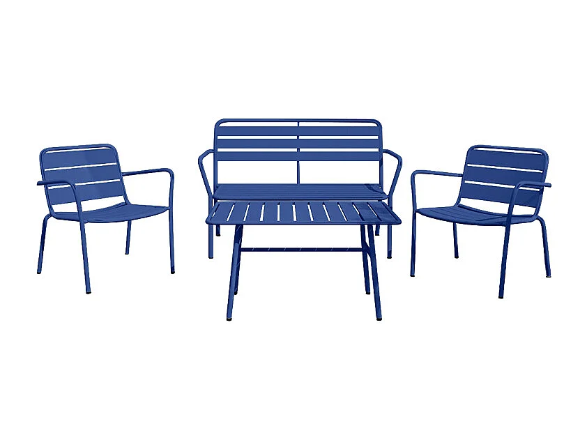 Set da giardino in metallo: una panchina, 2 poltrone basse e un tavolino - Blu notte - MIRMANDE di MYLIA