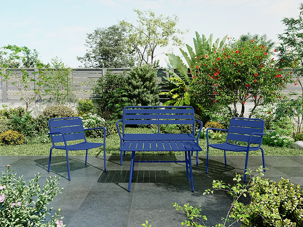 Set da giardino in metallo: una panchina, 2 poltrone basse e un tavolino - Blu notte - MIRMANDE di MYLIA