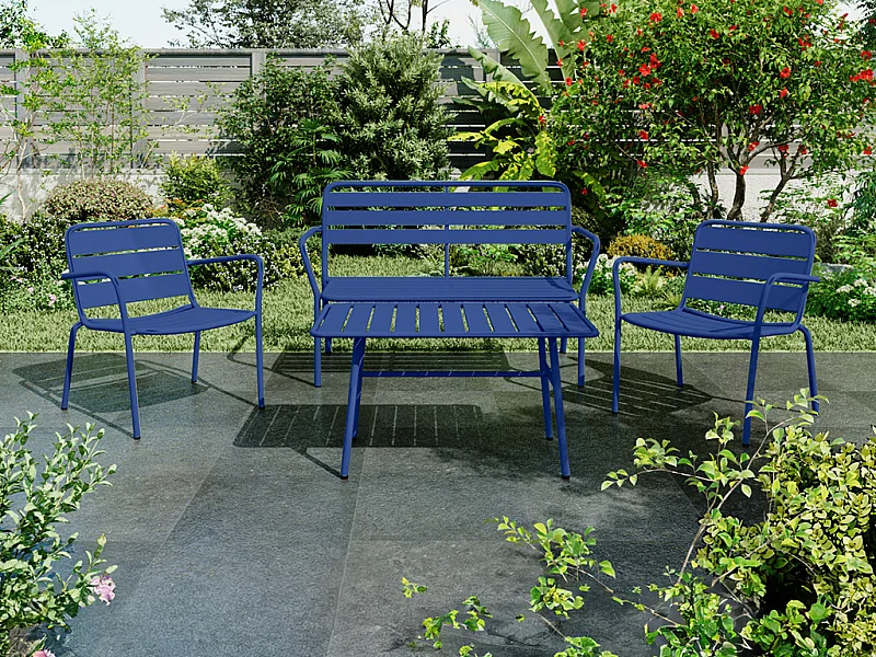 Conjunto de jardín de metal: un banco, 2 sillones bajos y una mesa de centro - Azul marino - MIRMANDE de MYLIA