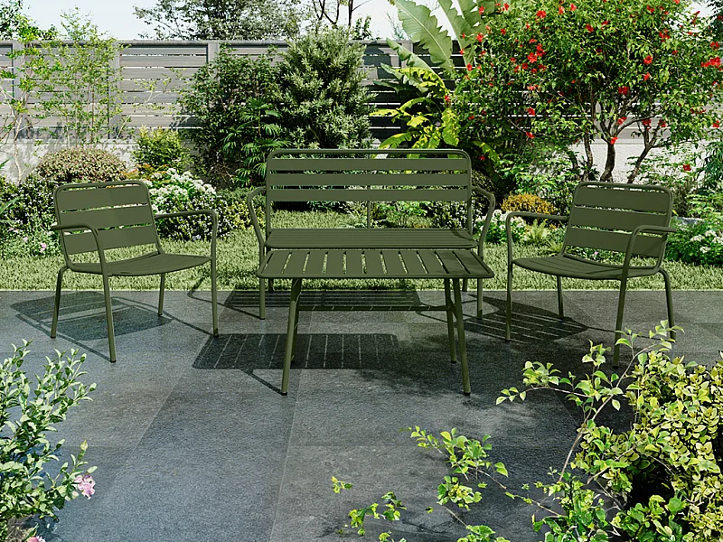 Garten-Lounge-Set - 1 Bank, 2 niedrige Sessel + Couchtisch - Metall - Kaki - MIRMANDE von MYLIA
