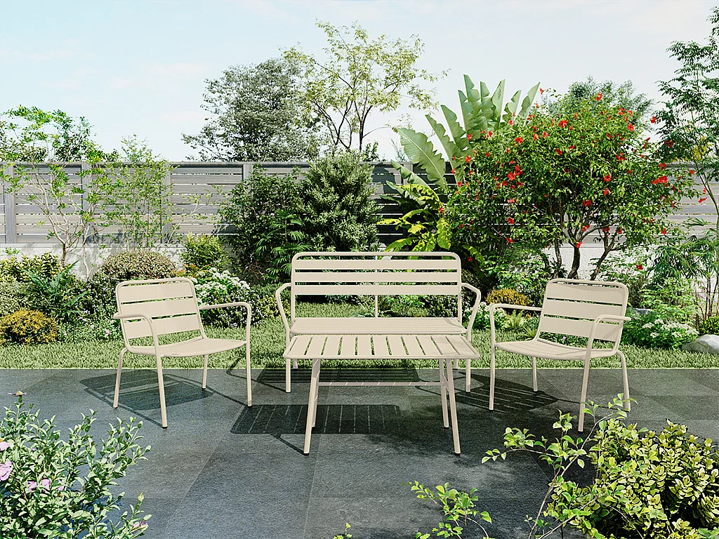 Set da giardino in metallo: una panchina, 2 poltrone basse e un tavolino - Beige - MIRMANDE di MYLIA