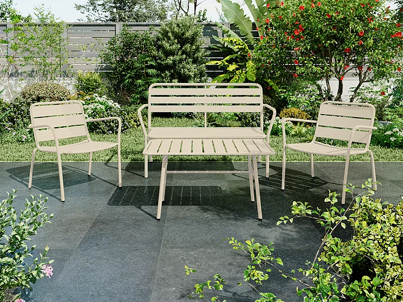 Conjunto de jardín metálico: un banco, 2 sillones bajos y una mesa de centro - Beige - MIRMANDE de MYLIA
