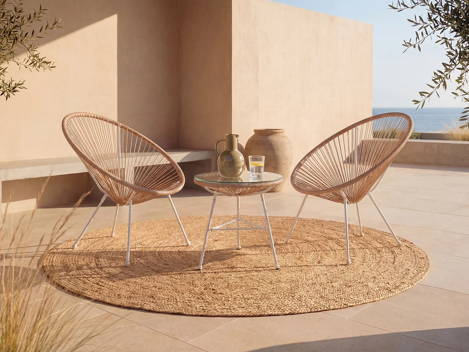 Salon de jardin en fils de résine tressés : 2 fauteuils et une table - Naturel clair - ALIOS III de MYLIA