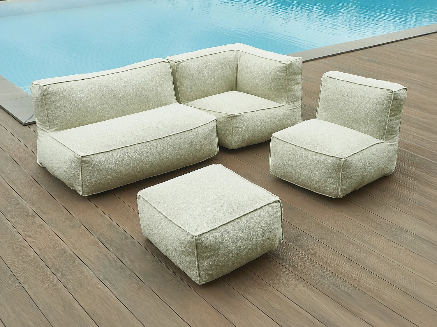 Salon de jardin en tissu bouclette 5 places : 1 canapé, 1 fauteuil, 1 angle et 1 pouf - Beige - NOUMARA de MYLIA