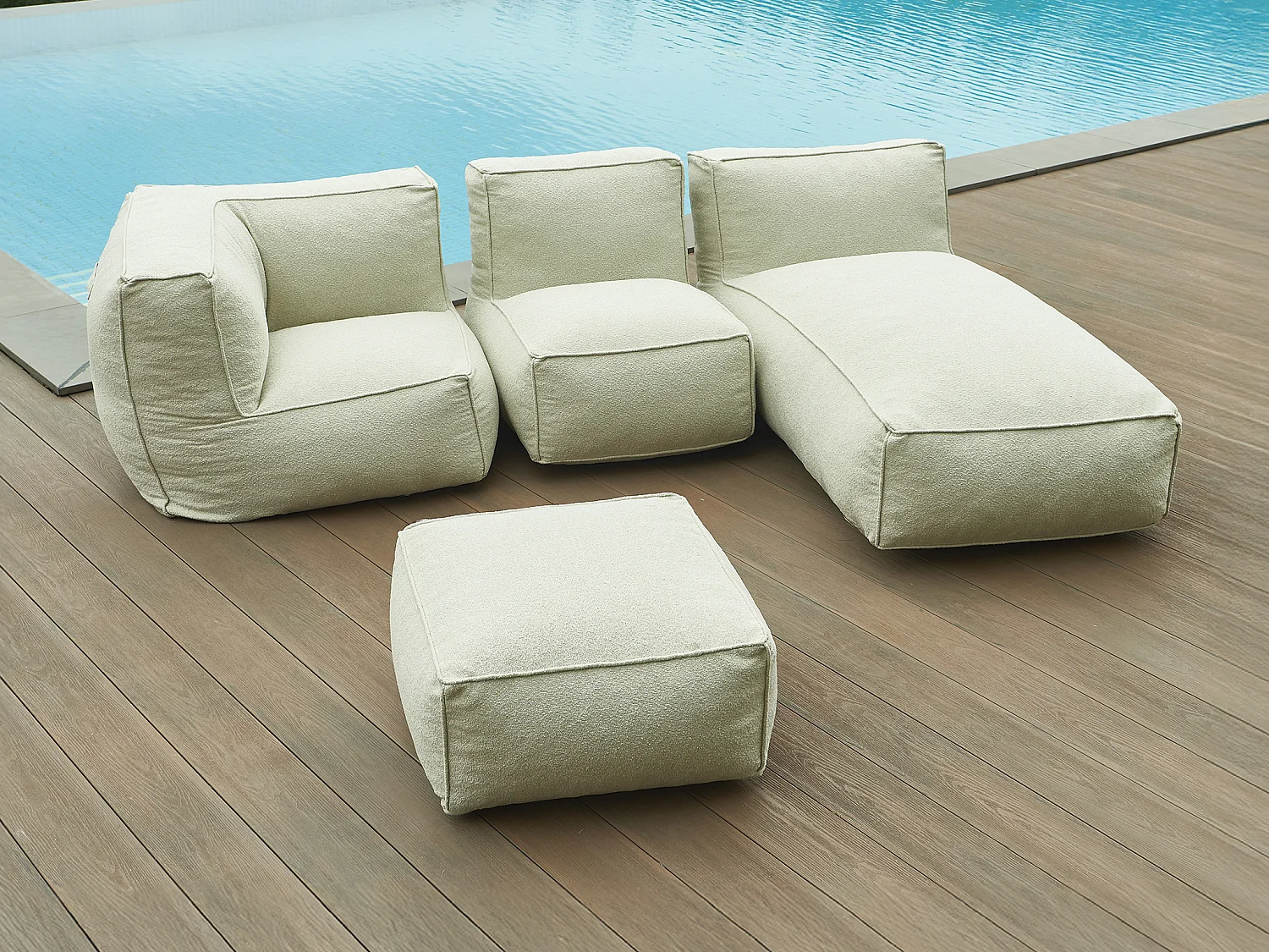 Salon de jardin en tissu bouclette 4 places : 1 fauteuil, 1 angle, 1 méridienne et 1 pouf - Beige - NOUMARA de MYLIA