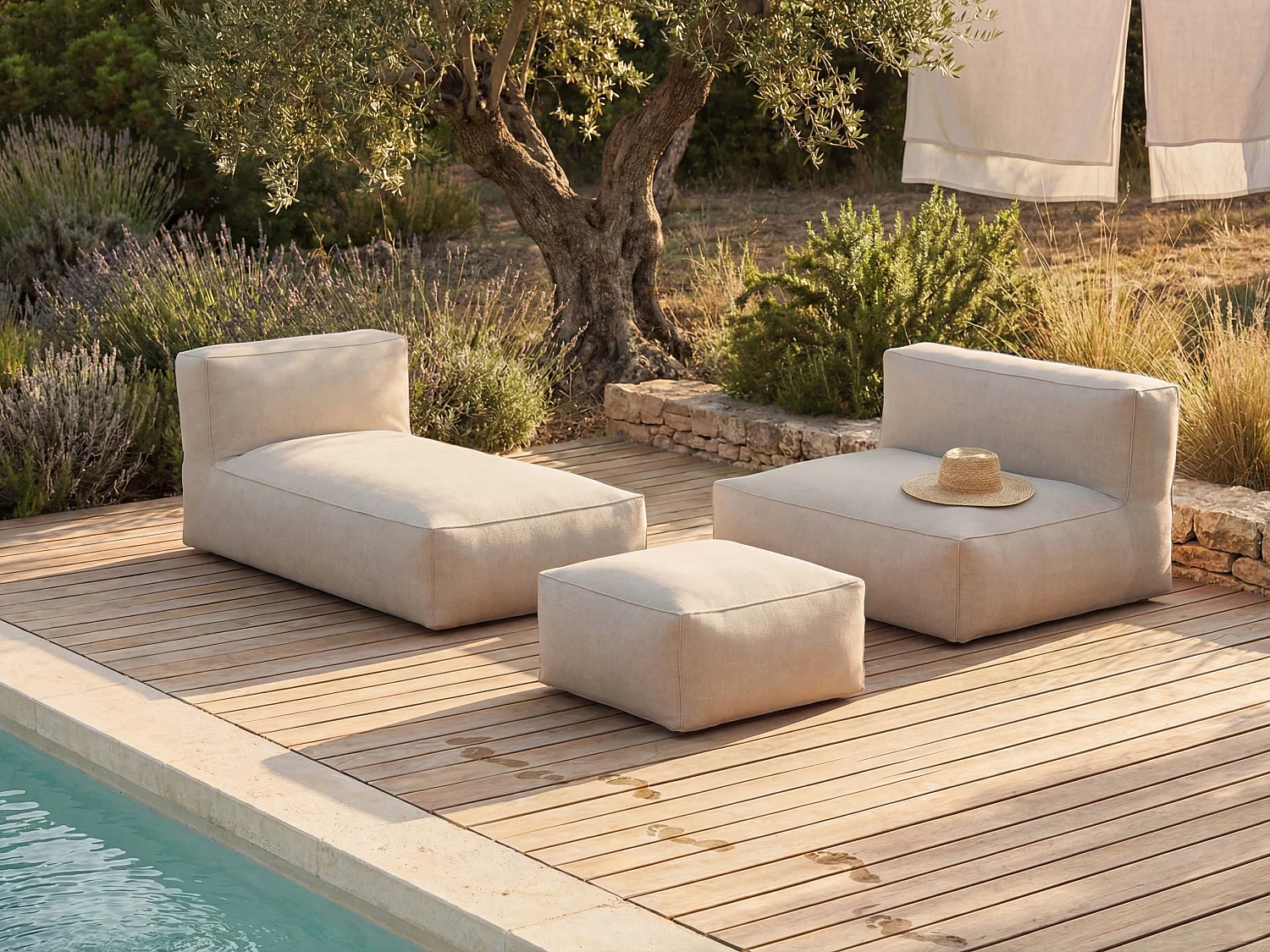 Salon de jardin en tissu bouclette 4 places : 1 canapé, 1 méridienne et un pouf - Beige - NOUMARA de MYLIA