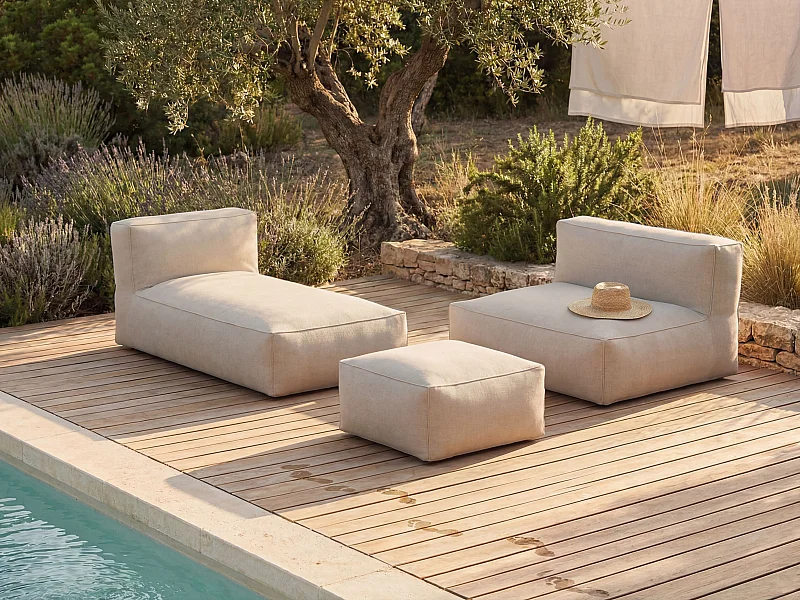 Salon de jardin en tissu bouclette 4 places : 1 canapé, 1 méridienne et un pouf - Beige - NOUMARA de MYLIA