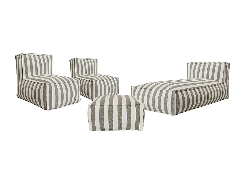 Salon de jardin en tissu bouclette 4 places : 1 méridienne, 2 fauteuils et un pouf - Rayé blanc et beige - NOUMARA de MYLIA