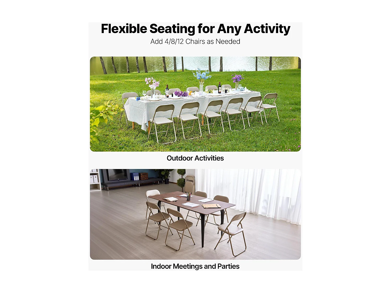 Draagbare Klapstoelen SucceBuy, Set van 4, Lederen Eetkamerstoel met Metalen Frame en Gewatteerd Kussen, voor Binnen en Buiten, Kaki