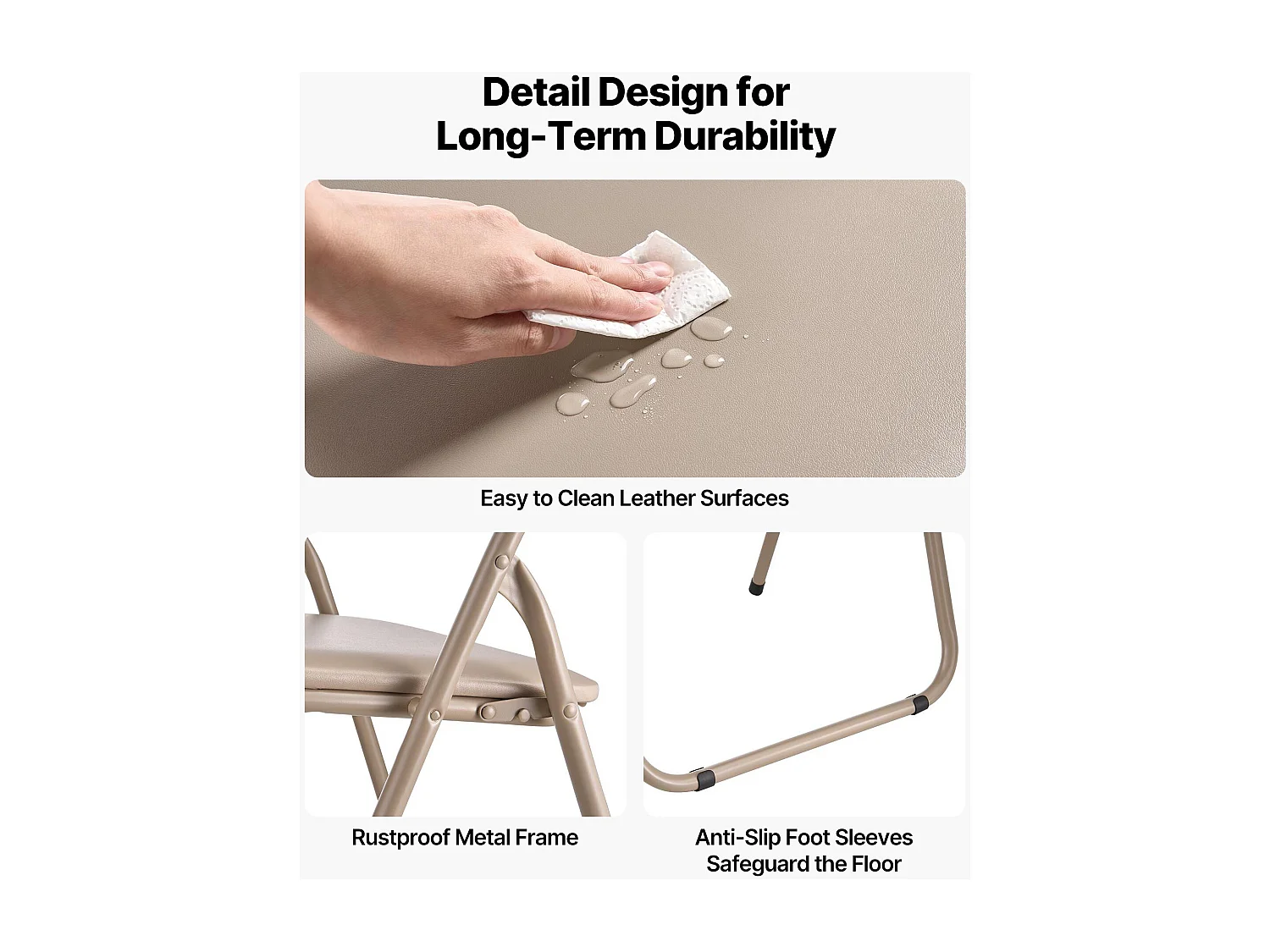 Draagbare Klapstoelen SucceBuy, Set van 4, Lederen Eetkamerstoel met Metalen Frame en Gewatteerd Kussen, voor Binnen en Buiten, Kaki