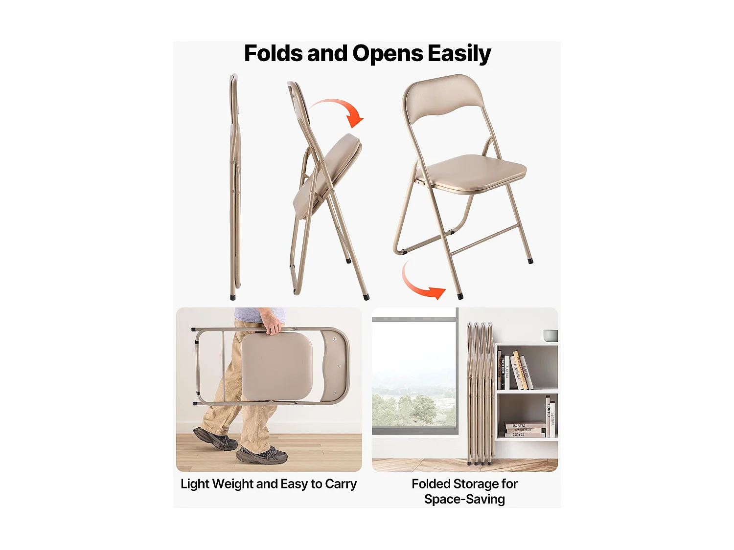 Draagbare Klapstoelen SucceBuy, Set van 4, Lederen Eetkamerstoel met Metalen Frame en Gewatteerd Kussen, voor Binnen en Buiten, Kaki