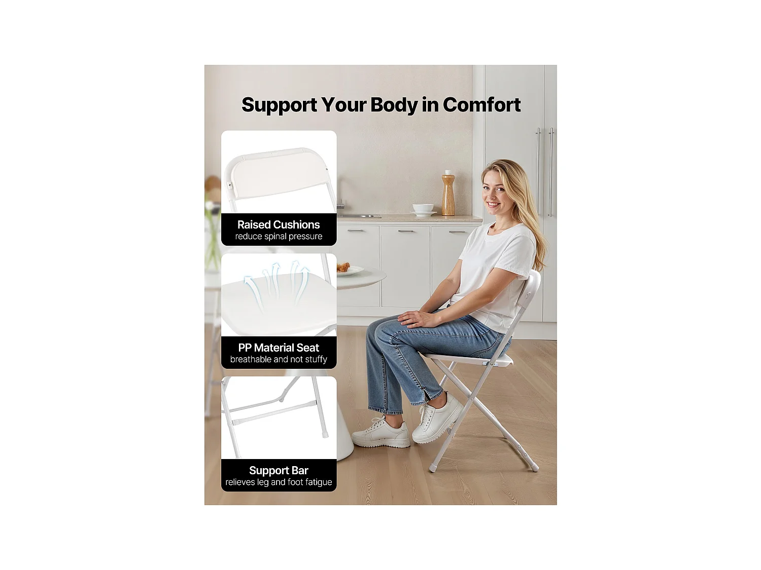 Chaises Pliantes SucceBuy Portables, Lot de 6, Chaise de Salle à Manger en Plastique avec Cadre en Métal, pour Intérieur et Extérieur, Maison, Jardin, Blanc