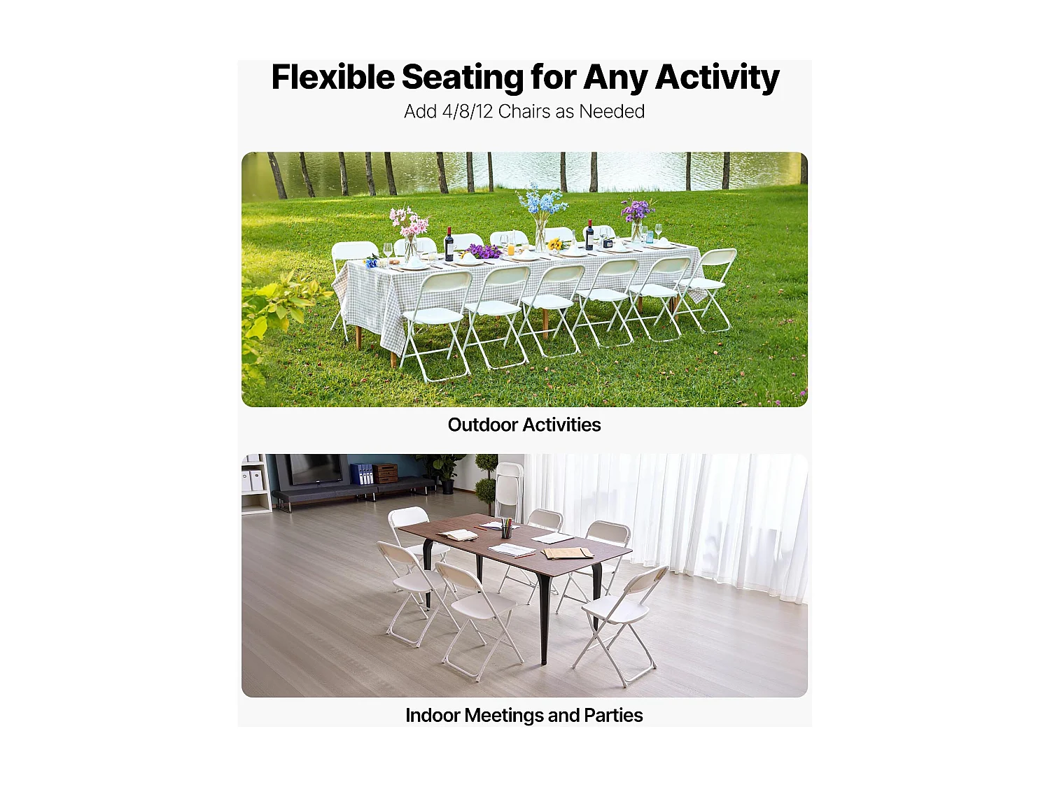 Draagbare Klapstoelen SucceBuy, Set van 6, Plastic Eetkamerstoel met Metalen Frame, voor Binnen en Buiten, Huis, Tuin, Wit