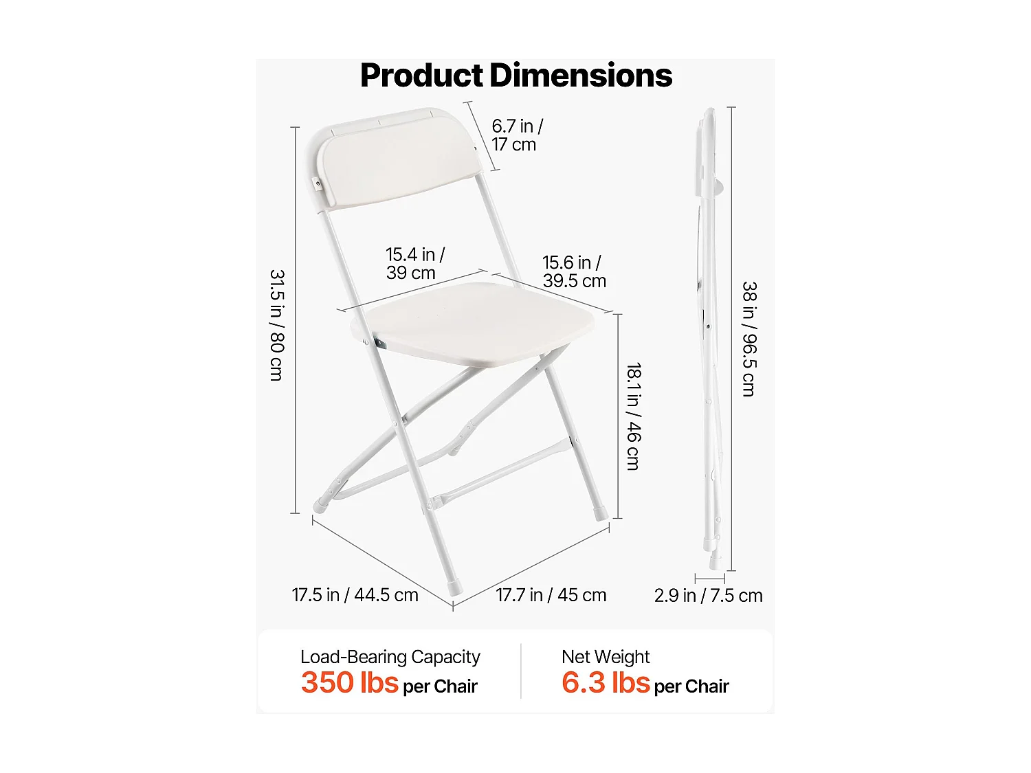 Draagbare Klapstoelen SucceBuy, Set van 6, Plastic Eetkamerstoel met Metalen Frame, voor Binnen en Buiten, Huis, Tuin, Wit