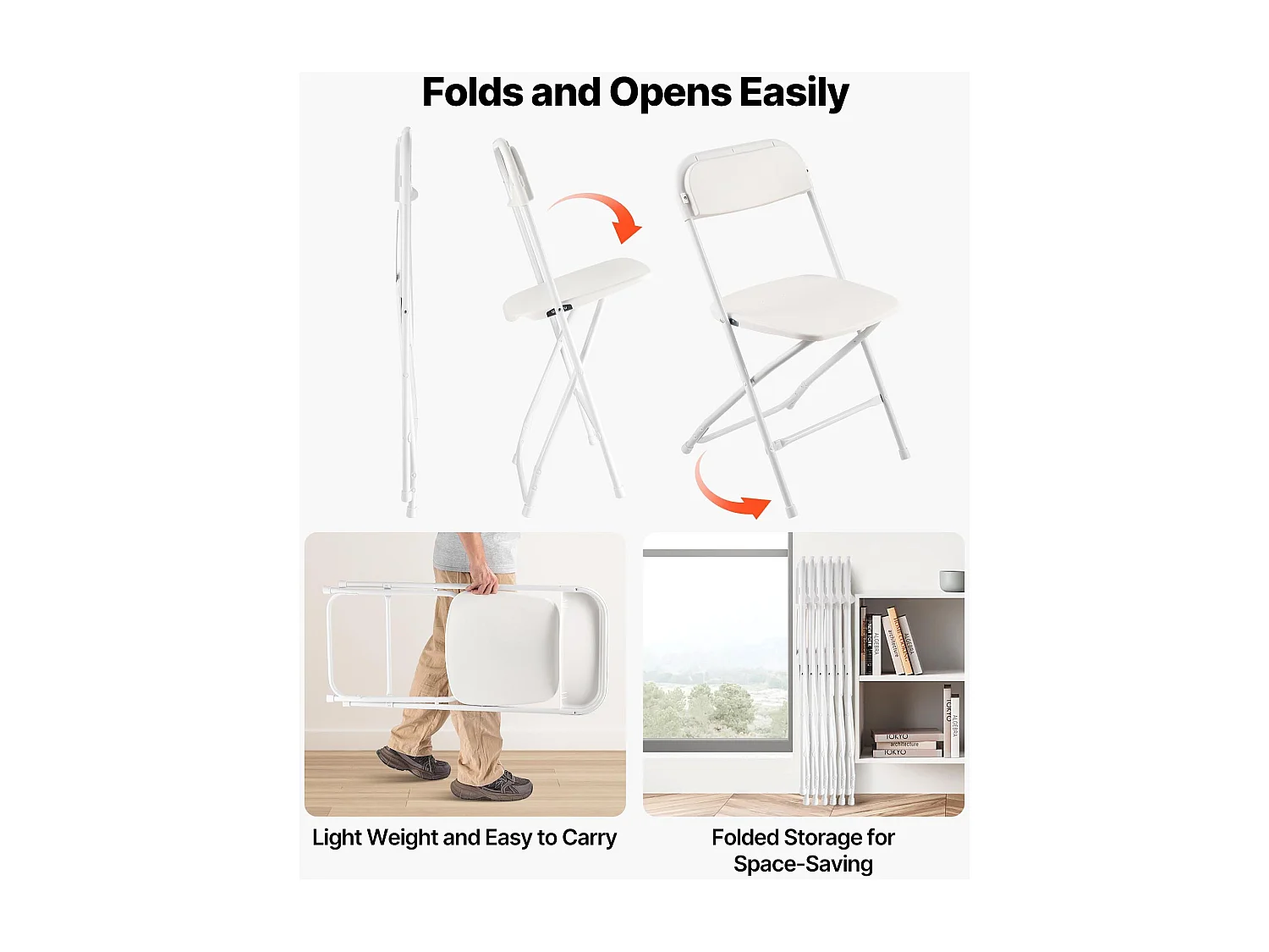 Draagbare Klapstoelen SucceBuy, Set van 6, Plastic Eetkamerstoel met Metalen Frame, voor Binnen en Buiten, Huis, Tuin, Wit