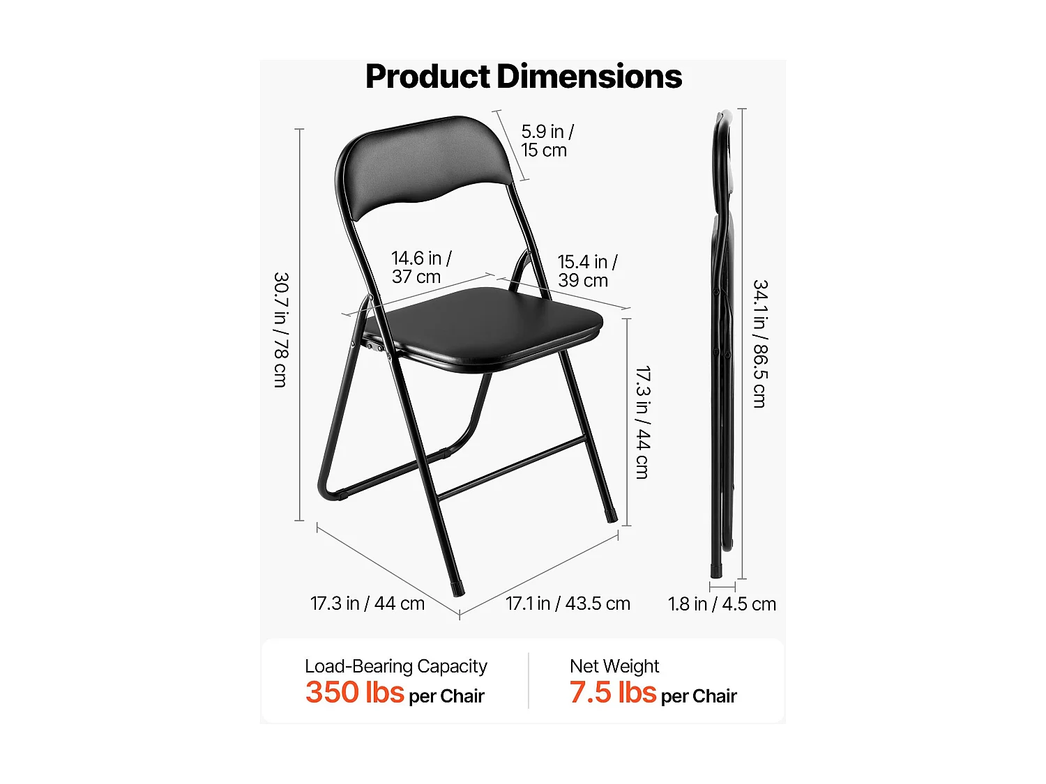 Sillas Plegables Portátiles SucceBuy, Lote de 6, Silla de Comedor de Cuero con Estructura de Metal y Cojín Acolchado, para Interior y Exterior, Negro