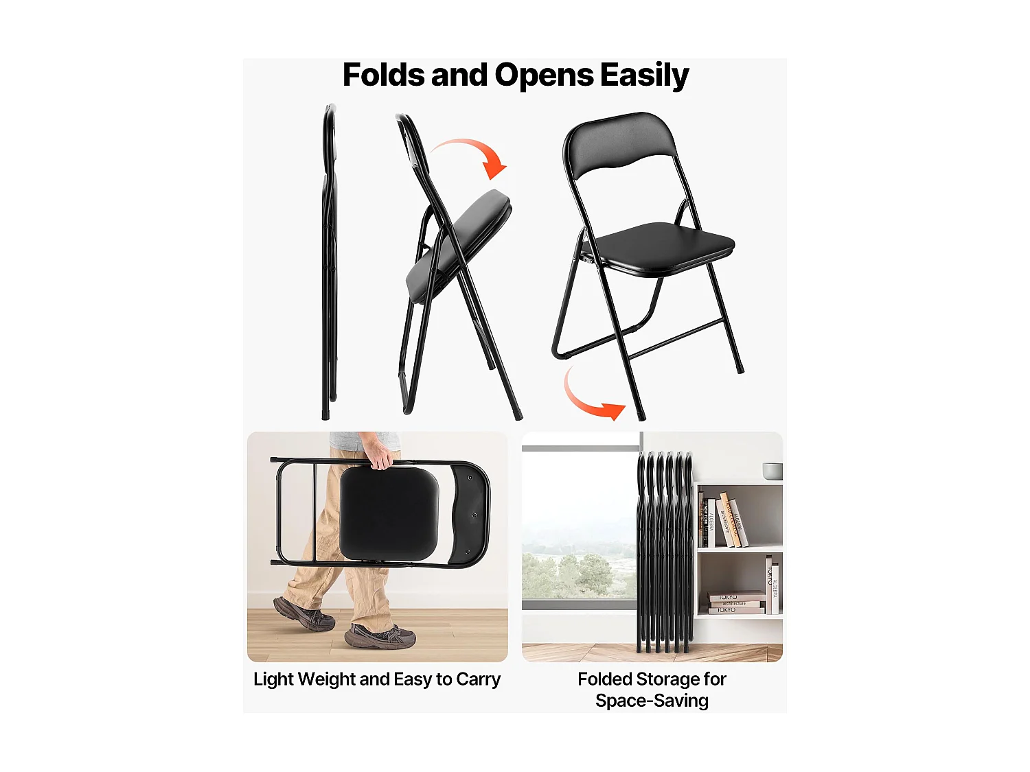 Chaises Pliantes SucceBuy Portables, Lot de 6, Chaise de Salle à Manger en Cuir avec Cadre en Métal et Coussin Rembourré, pour Intérieur et Extérieur, Noir