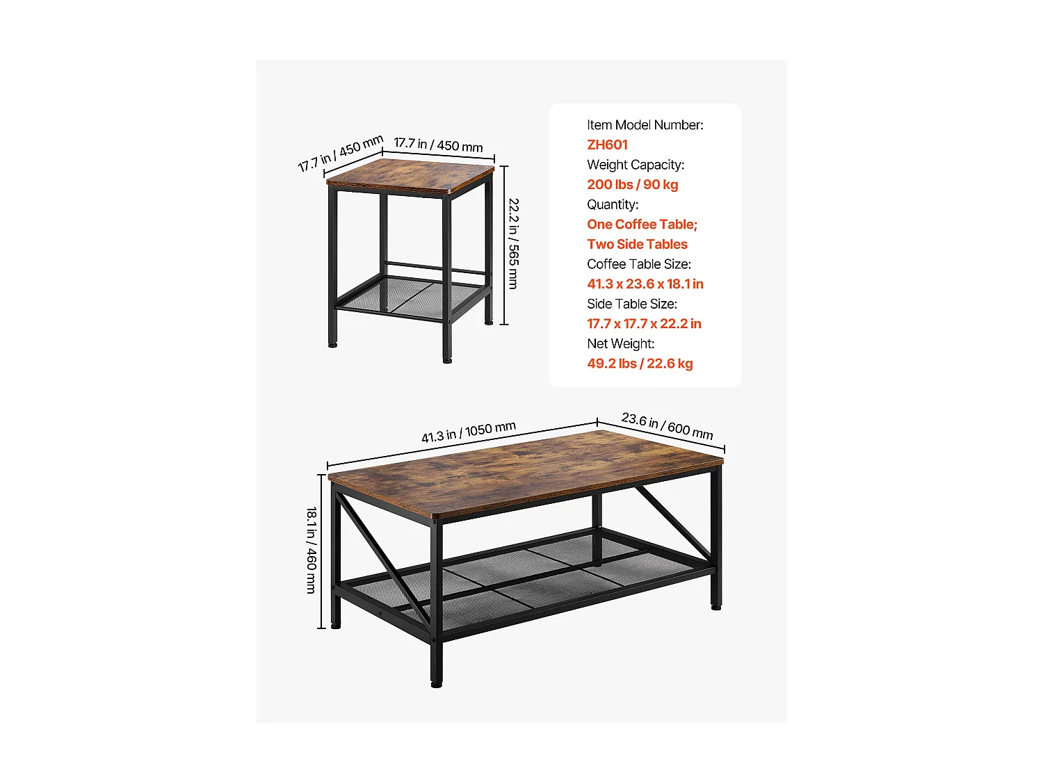 Salontafels SucceBuy, Set van 3, Industriële Salontafel van 105 x 60 x 46 cm, met Metalen Poten, Meubel voor Kantoor, Woonkamer en Appartement