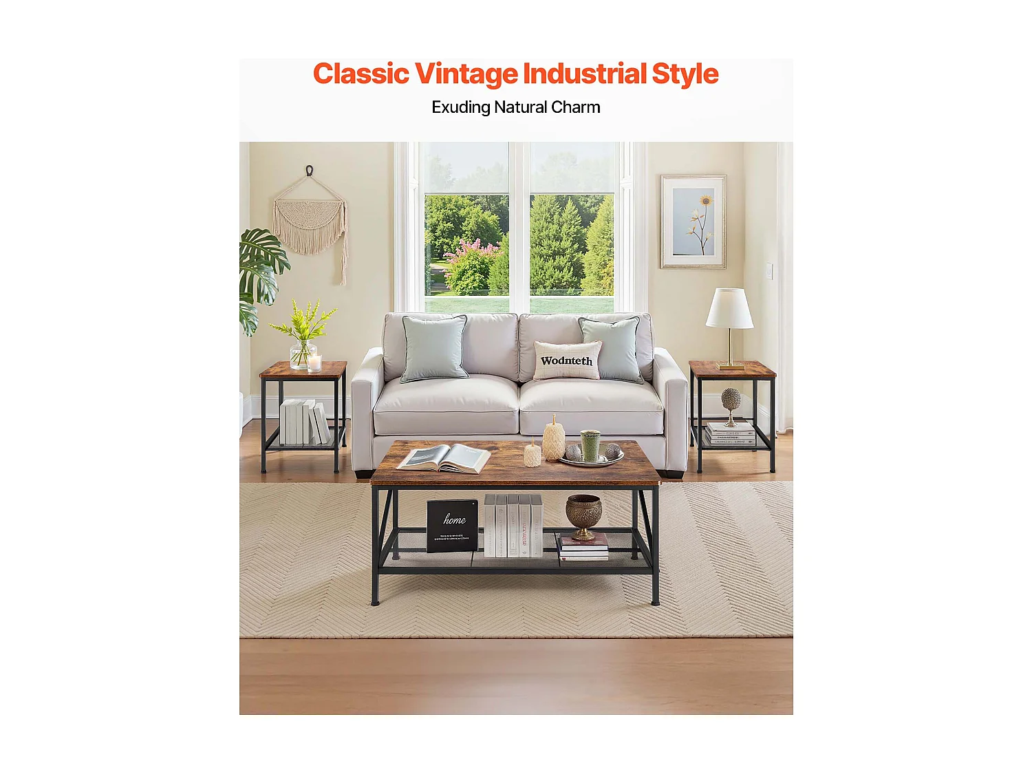 Salontafels SucceBuy, Set van 3, Industriële Salontafel van 105 x 60 x 46 cm, met Metalen Poten, Meubel voor Kantoor, Woonkamer en Appartement