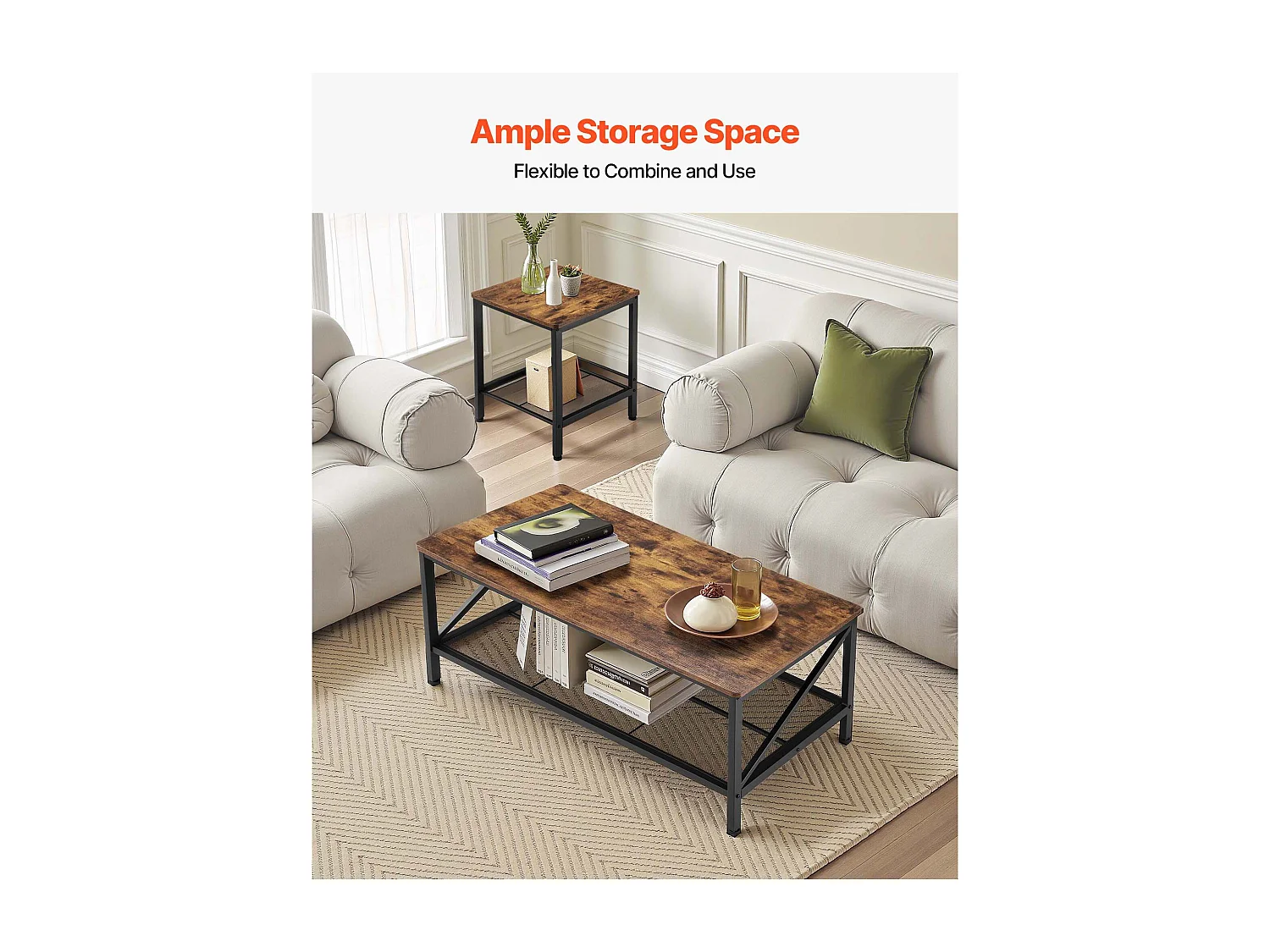 Salontafels SucceBuy, Set van 3, Industriële Salontafel van 105 x 60 x 46 cm, met Metalen Poten, Meubel voor Kantoor, Woonkamer en Appartement