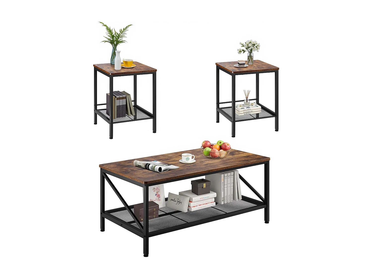 Salontafels SucceBuy, Set van 3, Industriële Salontafel van 105 x 60 x 46 cm, met Metalen Poten, Meubel voor Kantoor, Woonkamer en Appartement