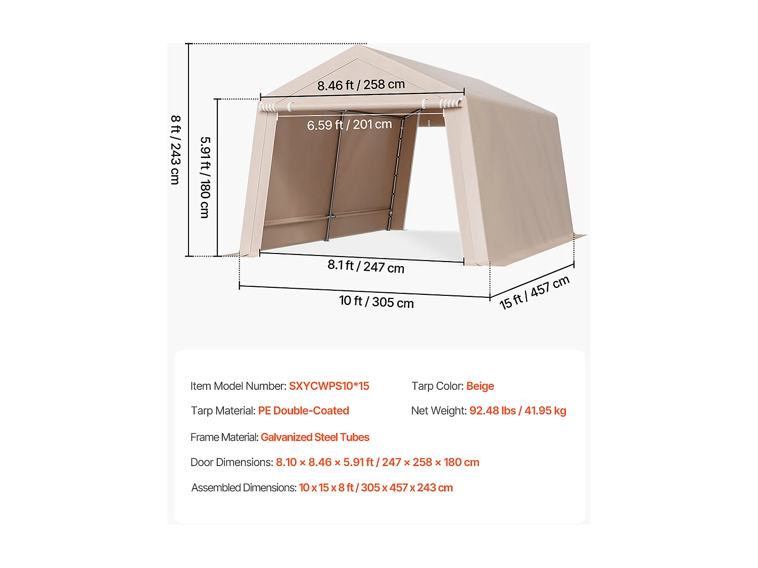 Cobertizo de Jardín SucceBuy, 305 x 458 cm, Tienda de Almacenamiento, con Doble Puerta Enrollable con Cremallera, Garaje Exterior para Motos, Bicicletas, Beige