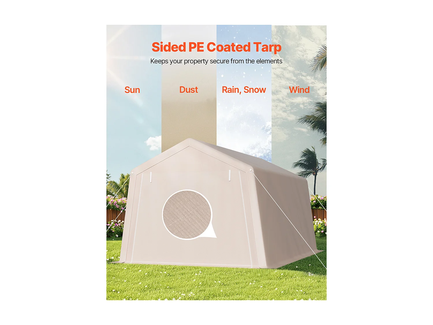 Cobertizo de Jardín SucceBuy, 305 x 458 cm, Tienda de Almacenamiento, con Doble Puerta Enrollable con Cremallera, Garaje Exterior para Motos, Bicicletas, Beige