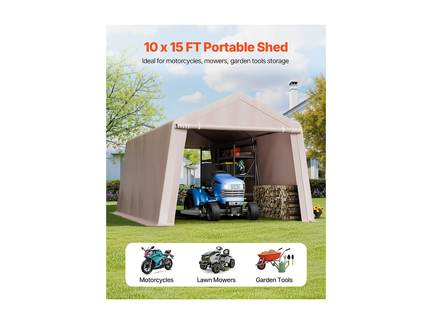 Abri de Jardin SucceBuy, 305x458 cm, Tente de Rangement, avec Double Porte à Fermeture Éclair Enroulable, Garage Extérieur pour Motos, Vélos, Beige