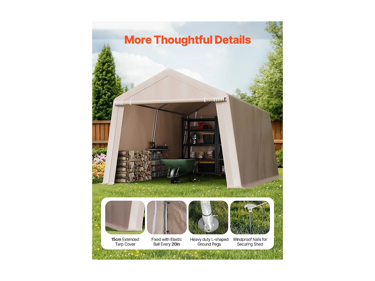 Abri de Jardin SucceBuy, 305x458 cm, Tente de Rangement, avec Double Porte à Fermeture Éclair Enroulable, Garage Extérieur pour Motos, Vélos, Beige