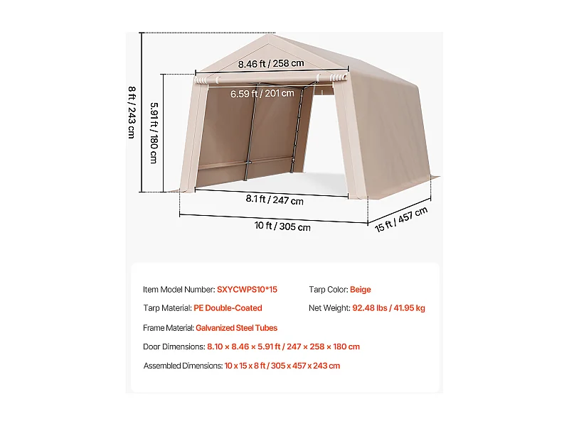 Cobertizo de Jardín SucceBuy, 305 x 458 cm, Tienda de Almacenamiento, con Doble Puerta Enrollable con Cremallera, Garaje Exterior para Motos, Bicicletas, Beige
