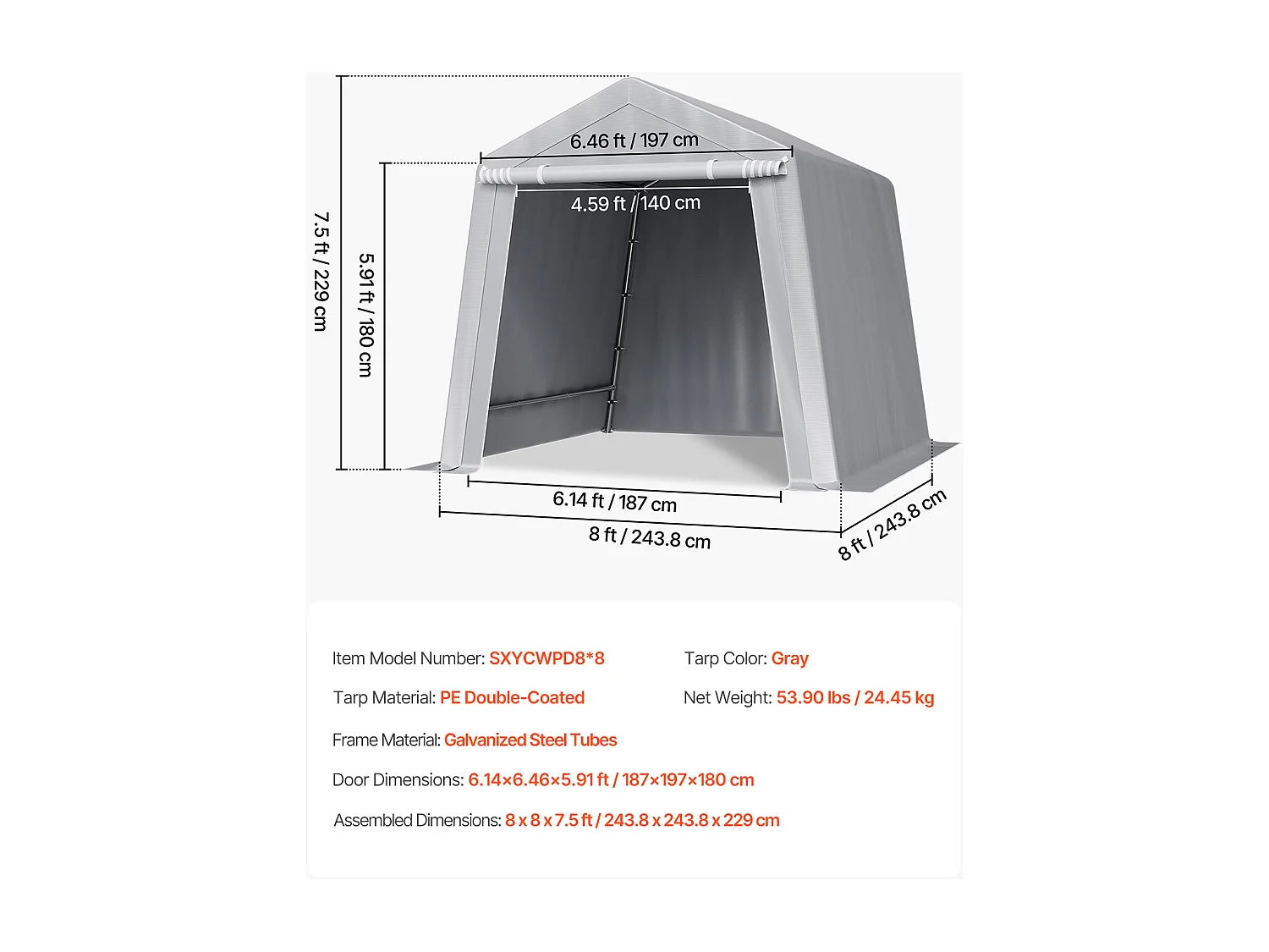 Wiata Ogrodowa SucceBuy, 245 x 245 cm, Namiot do Przechowywania, z Zamykaną na Zamek Błyskawiczny Roletą, Garaż Zewnętrzny na Motocykle, Rowery, Szary